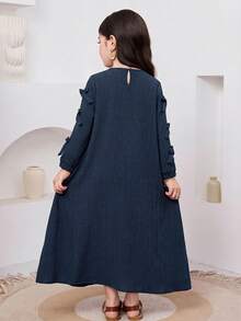 SHEIN 女童纯色方领蝴蝶结装饰休闲连衣裙 - 藏蓝色 - 查看 2