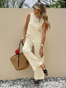 SHEIN Frenchy Women's Casual Vacation Striped Print Sleeveless Top And Wide Leg Pants 2 Pieces Set, Suitable For Spring, Summer, Autumn - Beige - View 3