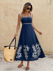 SHEIN Frenchy Đầm slip nữ mùa hè kiểu dáng thường ngày, thêu họa tiết cây cỏ, thắt eo. - Màu xanh hải quân - Xem 6