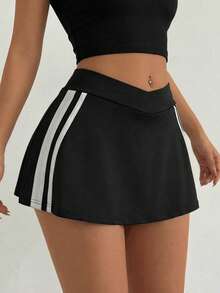 SHEIN SXY Women's Asymmetric Waist Patchwork Casual Versatile Daily Wear Mini Skirt,Carnival,Party,Rave Outfit ,Summer, Spring,Beach,Going Out,Vacation,Y2K,Black - Black and White - View 3
