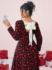 Elenzga Damen Große Größen elegantes Herz-Muster V-Ausschnitt Langarm Schleife Binden Maxikleid, geeignet für Valentinstag Date