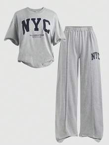 Girlism 少女针织灰色字母印花T恤和宽松休闲裤套装 - 淺灰色 - 查看 3