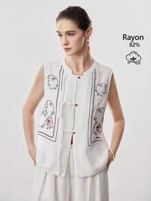 SHEIN LUNE Women's Summer Floral Embroidery Button-Up Shirt For Vacation - White - View 8