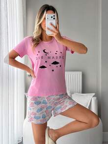 EURMUSE Femmes Coton 2 Pièces Ensemble Pyjama Confort Chemise à Manches Courtes avec Motif Nuage Lettre Contrastée et Short Rayé Motif Panda Mignon - Rose bonbon - Voir 4