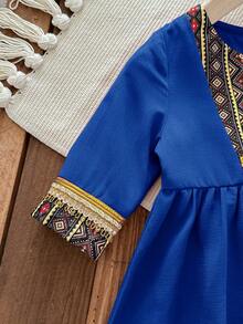 SHEIN 1-Pack Cute Baby Girl Cute Versatile With Cute Maroon With Pattern And Lace Contrasting Color Gorgeous Long-Sleeved Long Dress, Comfortable And Casual Versatile Fashion Everyday, Suitable For Birthday Parties, Evening Parties, Performances, Weddings, Baptisms, Opening Ceremonies Indoors And Outdoors, Daily Life, Sports, Play, Parties, Photo Shoots, Vacations, Festivals Suitable For Spring, Autumn And Winter - Blue - View 6