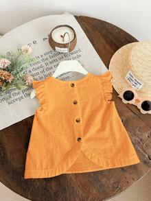 SHEIN LMoss Kids LMoss Baby Girl Woven Solid Color Ruffle Trim Fitted Top,Kids - Orange - View 6
