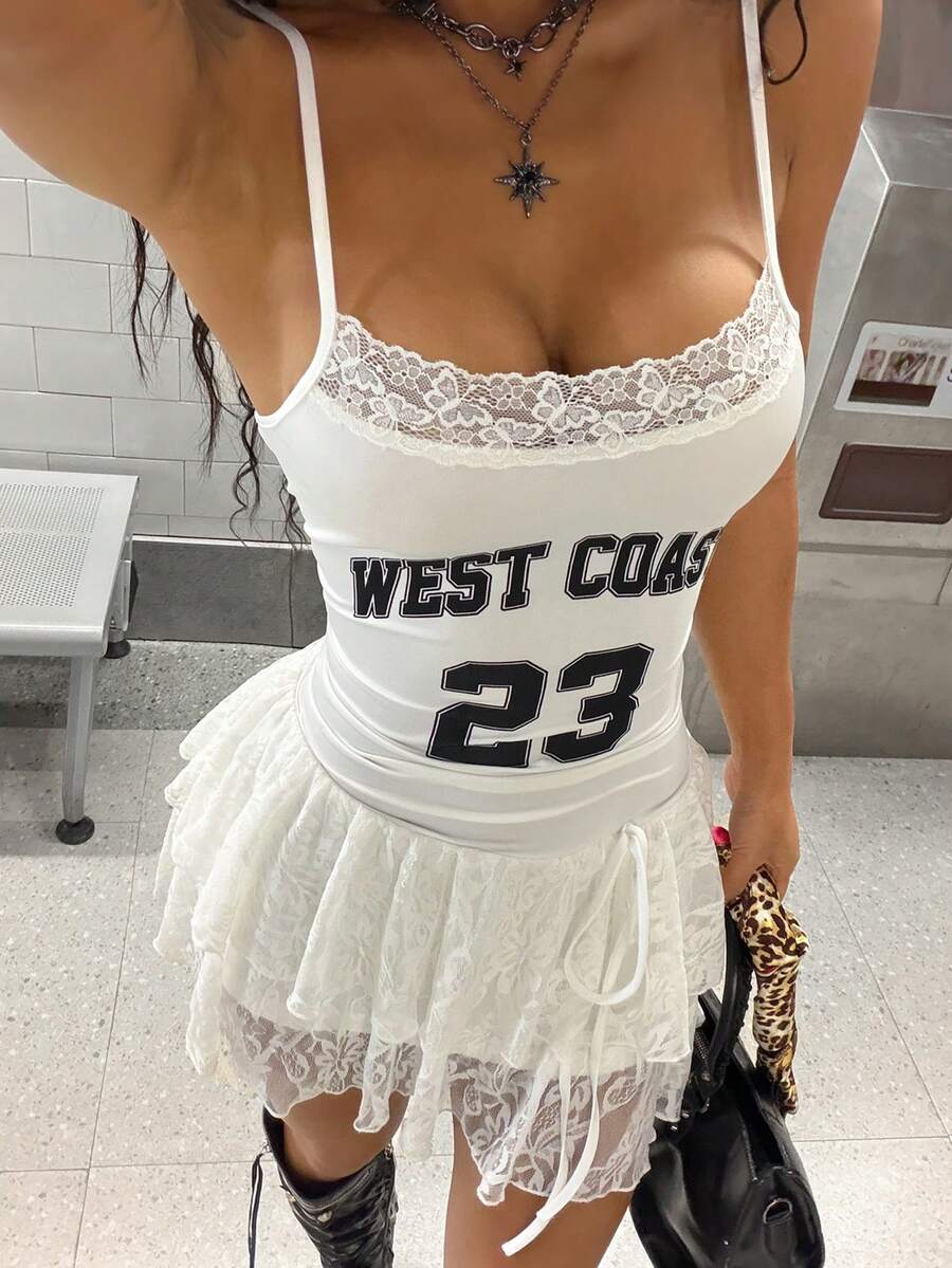 StreetHx Đầm hai dây ren xếp nếp viền ren, gợi cảm và thời trang dành cho nữ, thích hợp cho mùa hè. - trắng - Xem 1