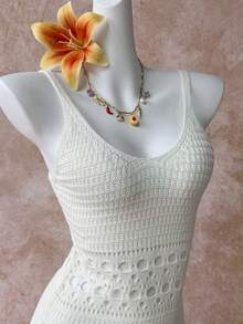 Selianne Hollow Crochet Knit Fitted Sexy Spaghetti Strap Women Sweater Dress, Spring/Summer - Beige - View 7