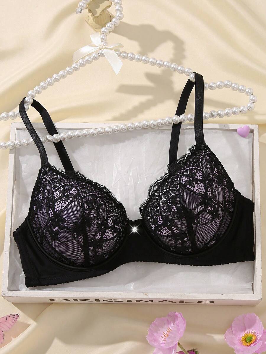 DesireSculpt 1pc Sexy Lace Simple Gather Small Bust Enhancing Underwire Bra - Multicolor - View 1