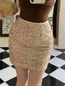 DAZY Chân váy ngắn ôm sát thanh lịch đính sequin dành cho nữ, thích hợp cho mùa xuân/hè, váy dự tiệc cưới. - Màu be - Xem 8