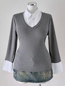 Sunspun 大码休闲撞色拼接修身长袖二合一T恤 - 灰色 - 查看 6