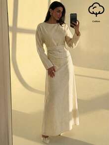 Aloruh 女士长袖棉质舒适褶皱腰身长款亚麻连衣裙，秋冬长袖长裙棉质连衣裙端庄连衣裙女士长裙 - 杏色 - 查看 7