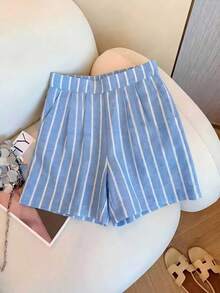 Airaco Women's Knight Embroidery Striped Single-Breasted Pocket Shirt And Shorts Casual 2 Pieces Set - Blue - View 6