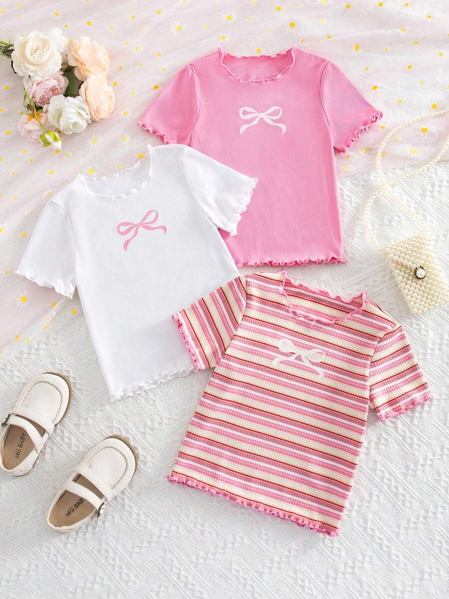 SHEIN 3pcs Girls Cute Ribbed Ruffle Bow Print Round Neck Tops - Multicolor - View 1