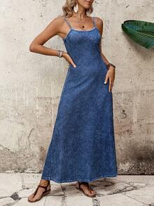 EMERY ROSE 女士纯色休闲百搭牛仔吊带裙 - 藍色 - 查看 4