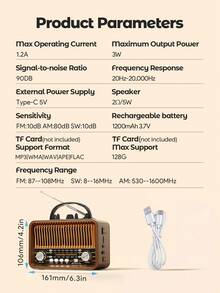 Teckwe Radio portátil de estilo retro AM/FM/OC multibanda, carga USB + reproducción de tarjeta TF, con antena externa, radio personal de emergencia para exteriores, mini receptor FM - Color madera - Ver 6