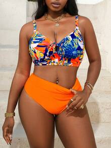 Slaydiva Plus Size Women 2pcs Tropical Print Bikini Set, Casual Beach Holiday Swimwear - Multicolor - View 1