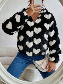 Sudadera con capucha para mujer de felpa sintética, cierre de cremallera y detalle de corazón,Sudaderas para mujer - Negro - Ver 2