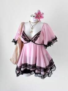 Sunspun 新款优雅甜美外出上衣，雪纺面料，撞色蕾丝饰边配蝴蝶结，超大荷叶边袖子，收腰修身衬衫 - 粉色 - 查看 6