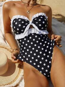 Bonvoyette 春夏新款黑白波点蝴蝶结褶皱摩登洛丽塔派对下午茶无肩带可拆卸肩带沙滩度假连体泳衣（女款） - 黑與白 - 查看 2