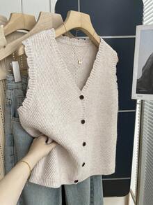 Franclia 休闲宽松V领无袖毛边杏色女士春夏针织上衣，春夏女装休闲衬衫，杏色夏季开衫，女士毛衣背心，背心衬衫，针织上衣 - 杏色 - 查看 6