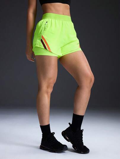 Powerista Women's Fluorescent Green Contrast Stripe Print Elastic Waist 2 In 1 Sports Shorts