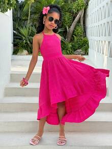 Tween Girl Vacation Halter Hem Curved Waist Dress - Hot Pink - View 5