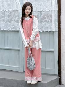 DAZY Tween Girl Round Neck Single-Breasted Lace Sleeveless Top And Wide-Leg Jeans Casual Daily Outfit - Dusty Pink - View 6