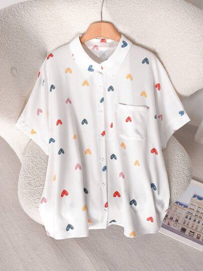 CosyJoli Plus Size Casual Colorful Heart Print Batwing Sleeve Shirt
