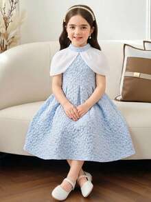 SHEIN Đầm chữ A trễ vai cổ đứng, phối màu thời trang thanh lịch dành cho bé gái, thích hợp cho kỳ nghỉ gia đình, tiệc tùng, dễ thương và sành điệu, phù hợp cho công chúa, tiệc sinh nhật và các dịp khác. - Màu xanh lam - Xem 6