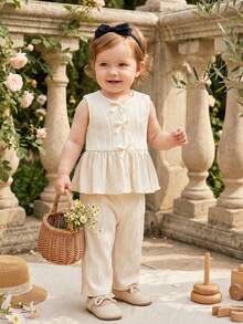 Souflis Souflis 2pcs Baby Girl Toddler/Newborn 0-3 Years Old Spring/Summer Casual Sweet Daily Vacation Striped Woven Sleeveless Top And Wide Leg Pants 2-Piece Set Cream Baby Girl Outfit Toddler Matching Set Summer Toddler Co Ord Baby Casual Sets - Beige - View 2