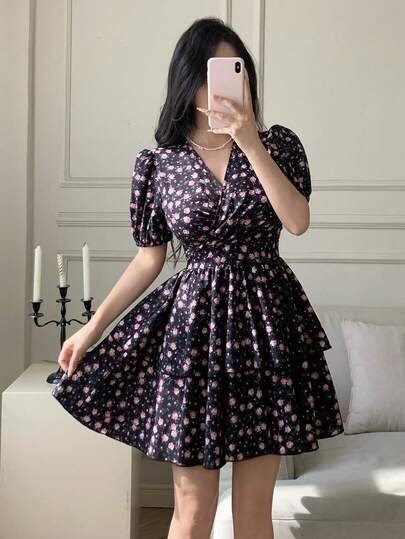 Celisse Women's All-Over Print V-Neck Wrap Short Sleeve Mini Dress