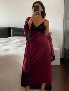 DAZY 2pcs Women's Sleepwear Set: Contrast Color Lace Patchwork Robe & Slip Dress, Spring - Burgundy - View 3