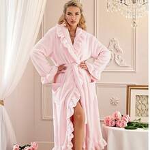 1-Piece Set Of Women's Ultra Soft Ruffled And Ankle Thick Fleece Nightgown, Fashionable Ruffled Nightgown With Side Pockets, Soft And Warm Long Bathrobe, Plush SPA Nightgown, Home Wear, Pajamas, With Pockets - Multicolor - View 6