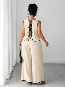 Elenzga Damen Große Größen Sommer Neu Beige Kontrastbesatz Ärmellos Rückenfreie Krawatte Weste und Weite Bein Hose Lässig Komfortabel Minimalistisch Zweiteiler. Geeignet für Alltag Lässig, Pendeln, Urlaub/Ausflug, Zuhause, Dating - Aprikosenfarben - Übersicht 9