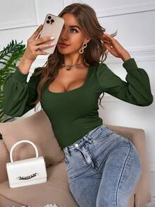 SHEIN Frenchy 女士纯色方领修身长袖T恤 - 墨綠色 - 查看 3