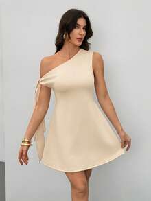 SHEIN Tall Chân váy peplum dáng chữ A ôm sát, thanh lịch, màu mơ, thắt dây vai bất đối xứng dành cho nữ. - Màu be - Xem 5