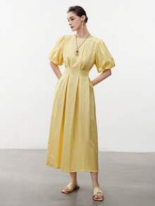 Aalyst Women's Elegant Minimalist Romantic Vacation Linen A-Line Ruffle Design Long Sleeve Midi Dress, Light Yellow, Suitable For Spring/Summer, Occasions Like New Year, Valentine's Day, Easter, Mother's Day, Middle Eastern Weddings - Light Yellow - View 6