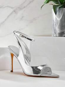 SHUZIA New Ladie's Mirror Silver Patent Open Point Toe Sexy High Heel Sandal Stiletto Ankle Strap Dance Holiday Party Spring Summer Vacation Shoe - Silver - View 1