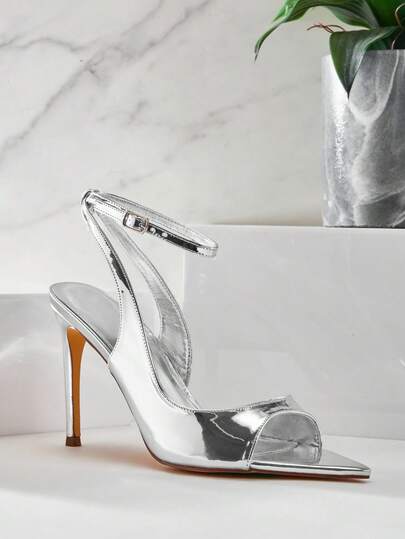 SHUZIA New Ladie's Mirror Silver Patent Open Point Toe Sexy High Heel Sandal Stiletto Ankle Strap Dance Holiday Party Spring Summer Vacation Shoe Valentine's Day