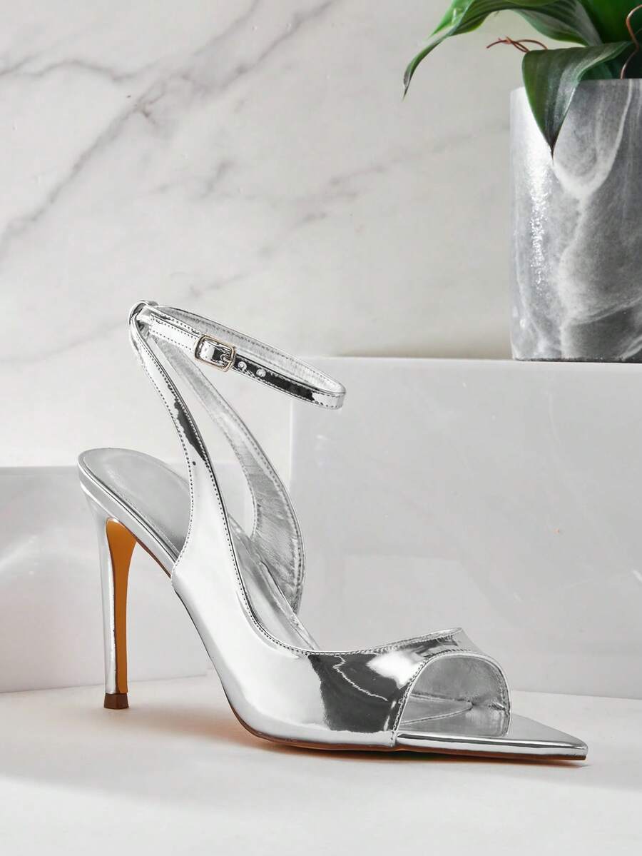 SHUZIA New Ladie's Mirror Silver Patent Open Point Toe Sexy High Heel Sandal Stiletto Ankle Strap Dance Holiday Party Spring Summer Vacation Shoe - Silver - View 1