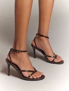 SHUZIA Women's Elegant Minimalist Patent PU Ankle Strap Stiletto Heel Sandals - Chocolate Brown - View 2