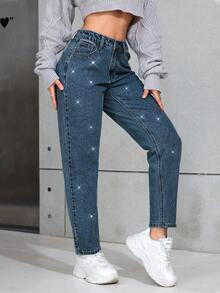 SHEIN PETITE Women's Rhinestone Embellished Pockets Straight Leg Loose Casual Versatile Jeans - Royal Blue - View 3