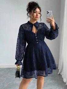 Elenzga Đầm ren dài tay thanh lịch dành cho nữ cỡ lớn, thích hợp cho tiệc tùng. - Màu xanh hải quân - Xem 4