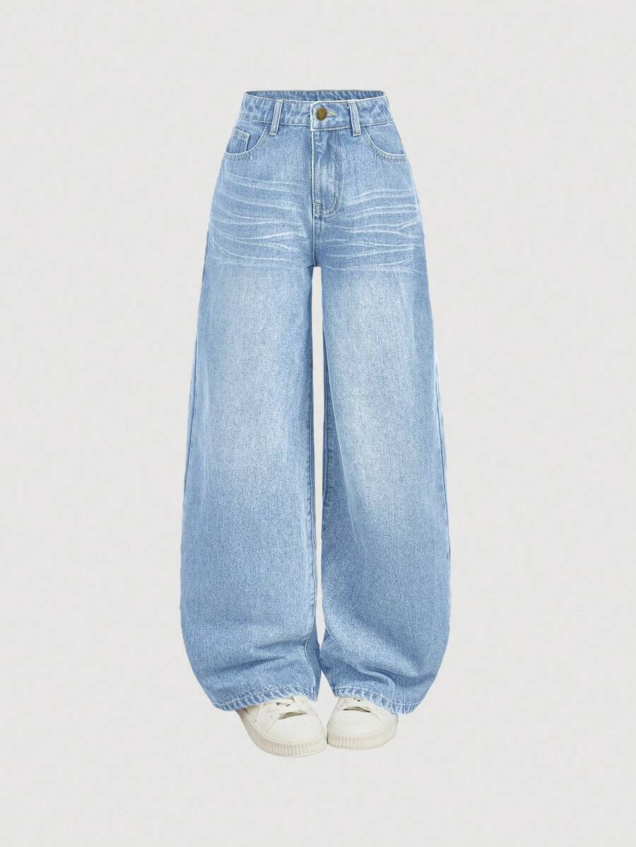 SHEIN Girlism 少女Y2K复古宽松阔腿牛仔裤，原宿风韩流街头服饰，2000年代复古风，适合春秋季返校季穿着。 - 淺色水洗藍 - 查看 1