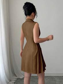 Rafferiza Women's Elegant Commuter Double-Breasted Pleated Hem Sleeveless Dress, Summer - Brown - View 2