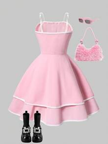 SHEIN ChillGRL Váy yếm thắt nơ thanh lịch và thoải mái cho bé gái tuổi teen, phù hợp cho các bữa tiệc và buổi tụ họp, mùa xuân/hè - Hồng - Xem 2