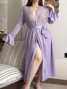 Dazy Plus Elegant Contrast Lace Sexy Waist Cinched Long Sleeve Maxi Plus Size Women Nightgown, Spring/Summer Pajamas - Purple - View 3