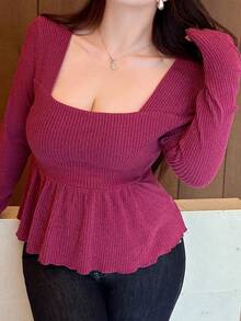 Dazy Plus Elastic Fitted Square Neck Cinched Waist Cropped Fuchsia Elegant Long Sleeve T-Shirt, Spring/Autumn - Hot Pink - View 1