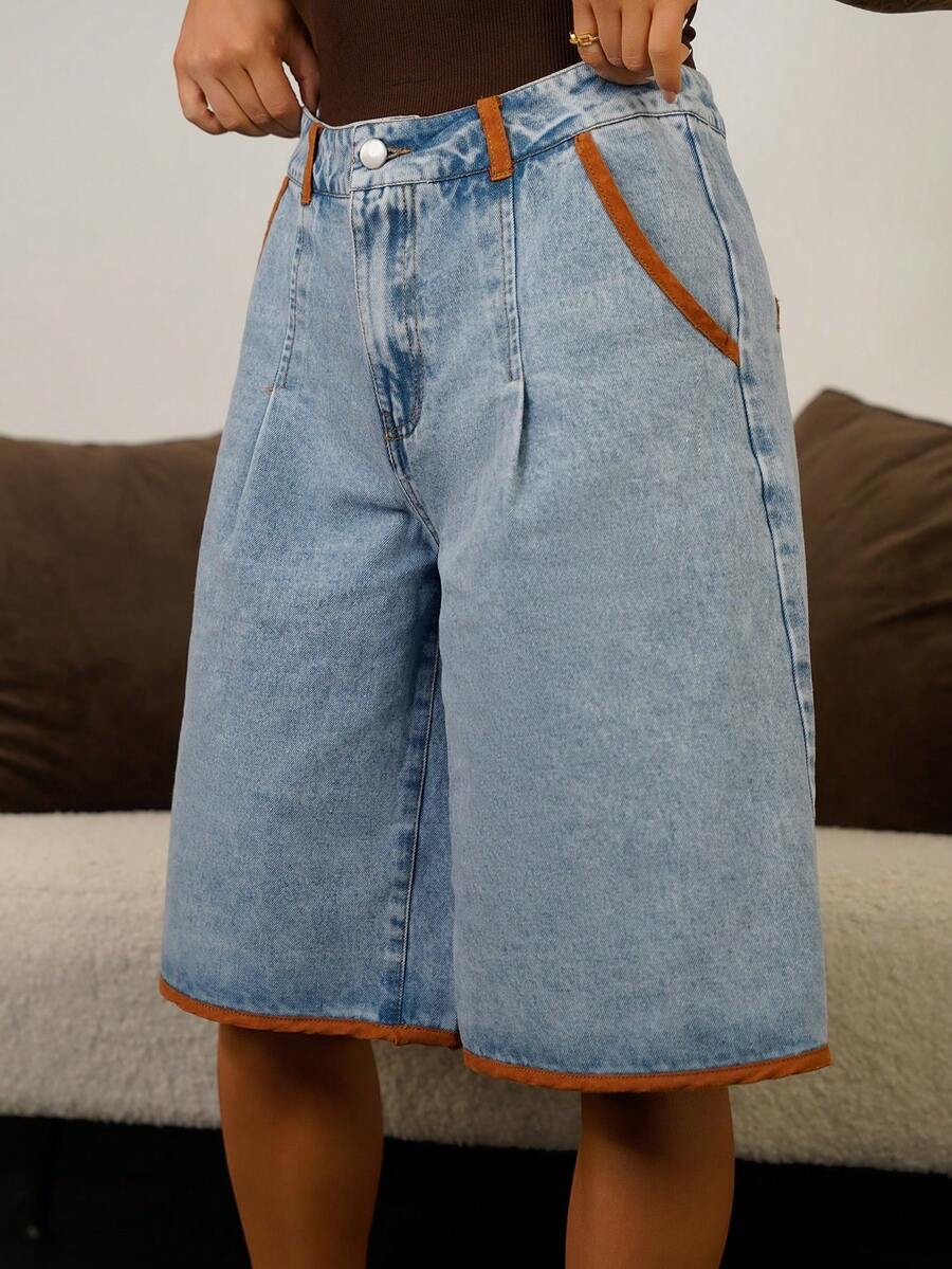 SAYEHFBABY 女式撞色边喇叭牛仔短裤 - 藍色 - 查看 1